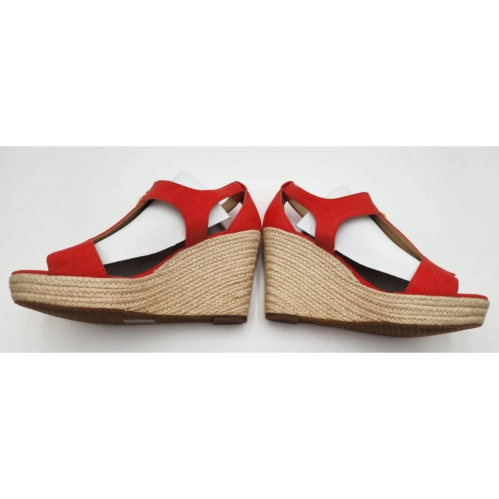 Michael Kors Damita Wedge Sandals Womens 9M Coral Orange Espadrille Zip NEW EXC